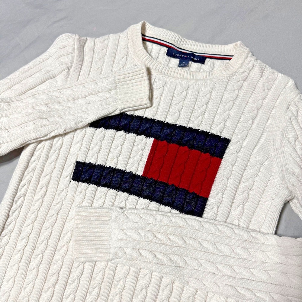 Tommy Hilfiger Cable Knit Big Logo Sweater White Blue Red Women's Size Medium